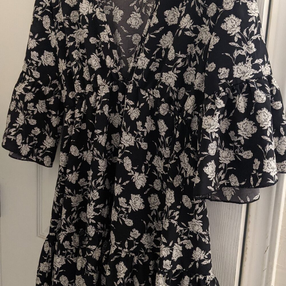 Black Floral Print V-Neck Dress